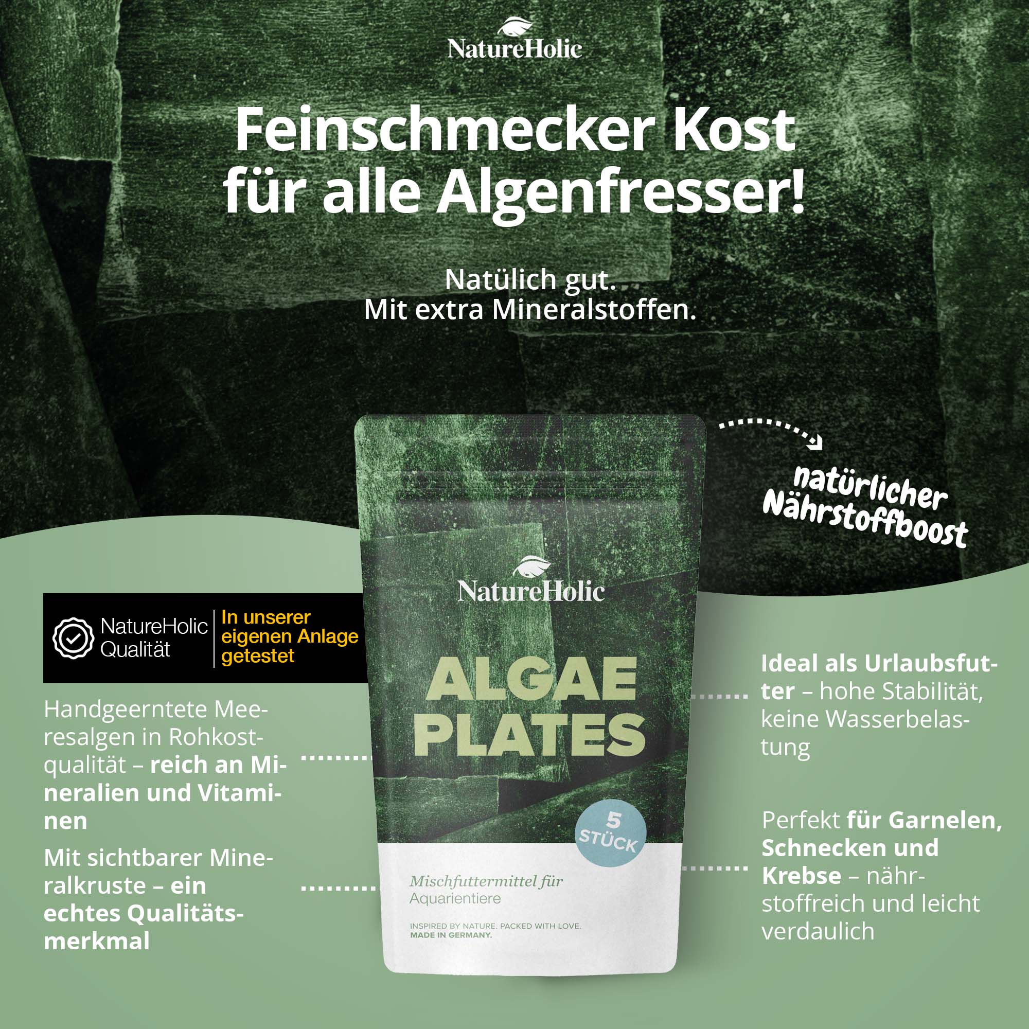 NatureHolic Algae Plates Packung vor grünem Hintergrund